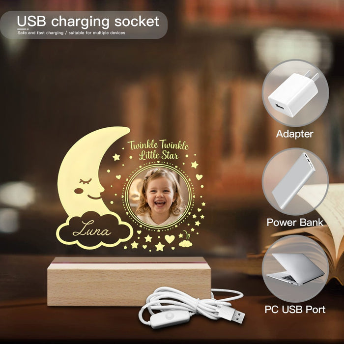 USB charging night light diagram with photo light, USB cable shown, adapter, power bank, PC port