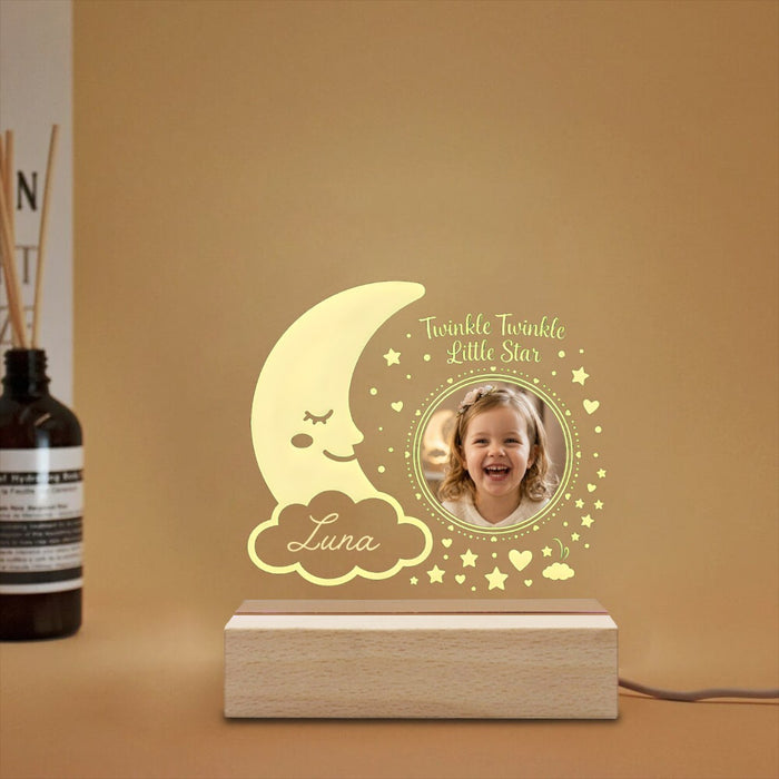 Star photo night light with moon, cloud, and small star details, circular picture window