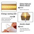 Night light features diagram: energy-saving LED, natural beech wood option, acrylic sheet