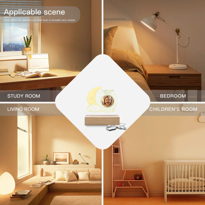 Star photo night light on wooden base displayed for study room, bedroom, living room, and kids room