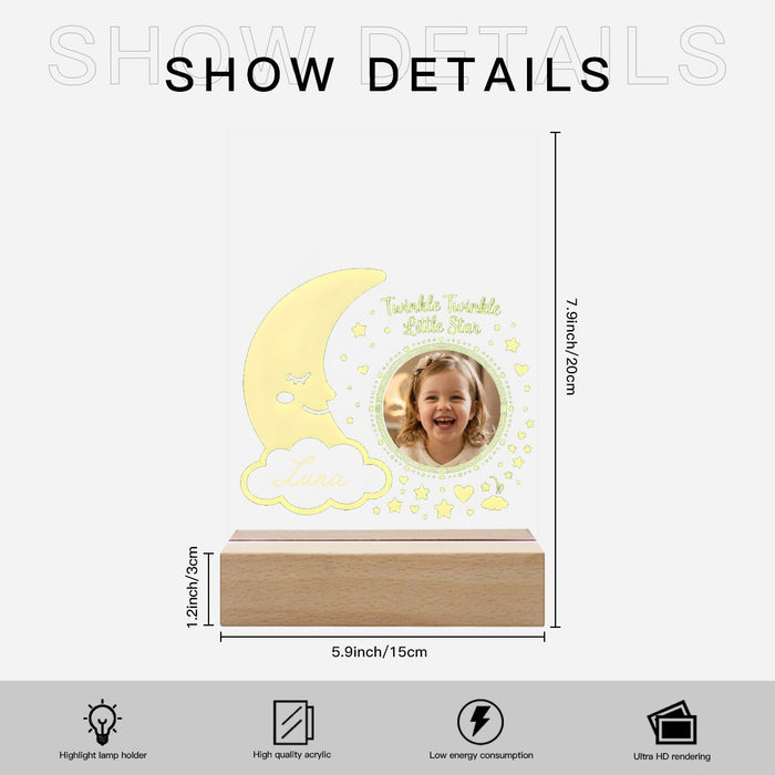 Star photo night light size and detail diagram, acrylic front, moon and cloud design, 5.9 in