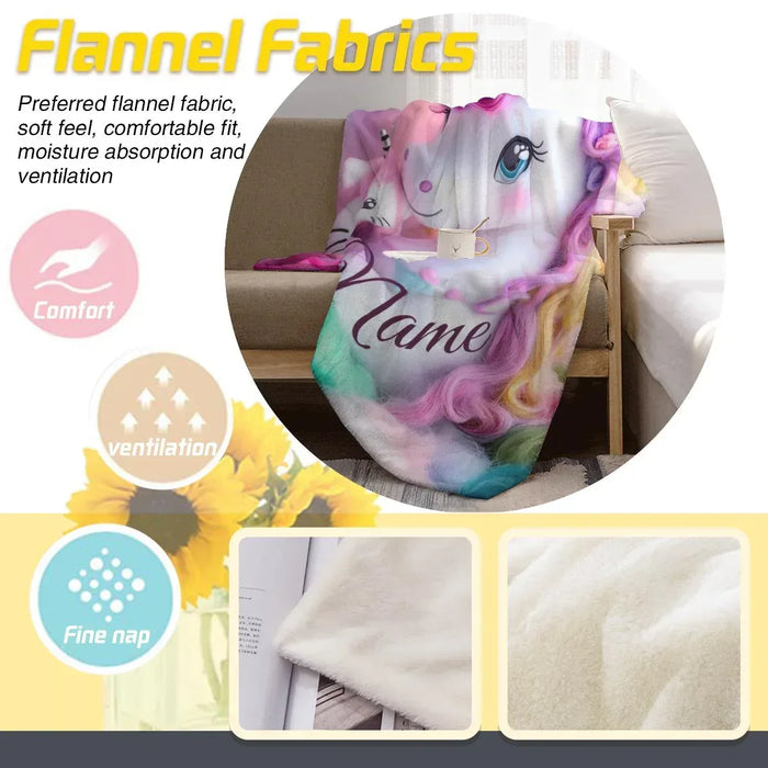 Flannel fleece throw blanket with unicorn and name print, soft plush fabric