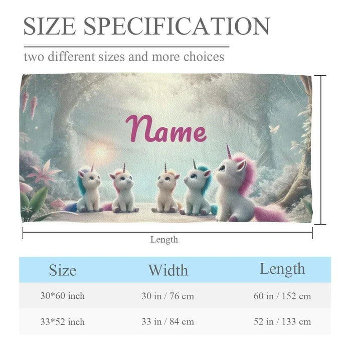 Personalized unicorn beach towel with pink “Name” and size specification diagram