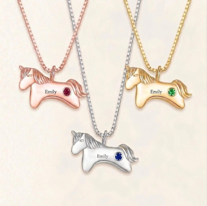 Personalized unicorn birthstone necklace set with three unicorn pendants and name text