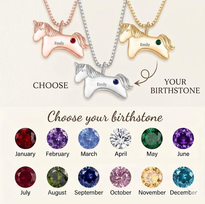 Unicorn birthstone necklace with three unicorn pendants and colored birthstone discs
