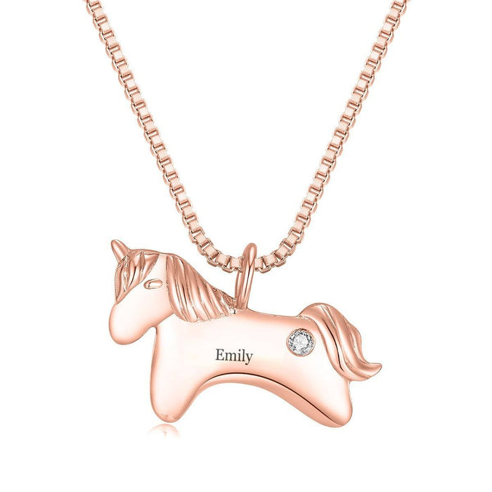 Rose gold unicorn birthstone pendant necklace with chain and round gemstone