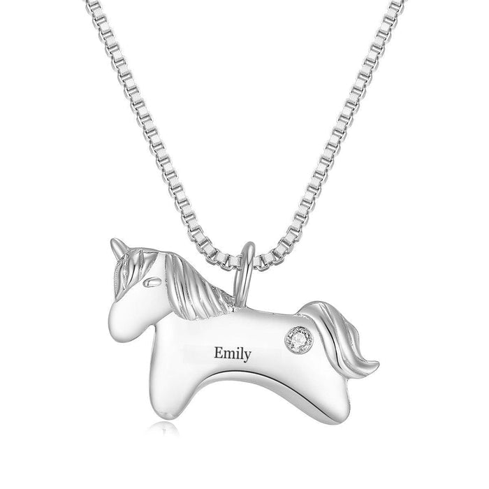 Silver unicorn birthstone pendant necklace with chain and round gemstone