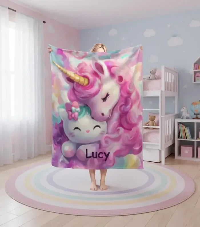 Personalized unicorn and cat fleece blanket with name Lucy and pastel character details