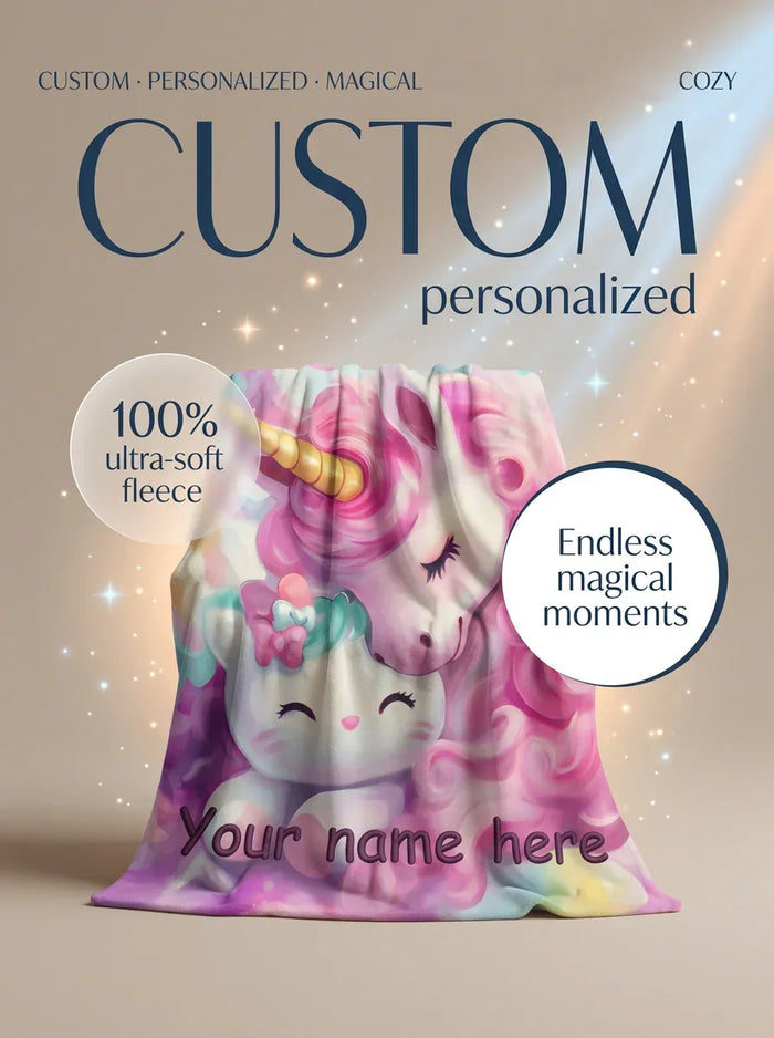 Personalized unicorn fleece blanket with pastel design and 'Your name here' text