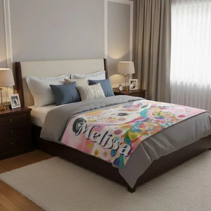 Colorful unicorn fleece throw blanket with name Melissa, featuring pastel rainbow graphics