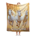 Personalized blanket featuring three white horses and the name “Charlotte”