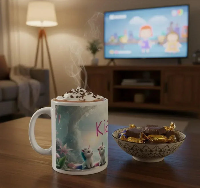 White ceramic mug with handle; unicorn kittens and partial Kiara text, steam rising