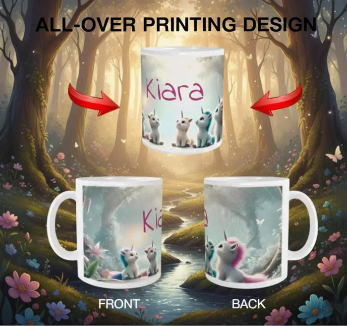 White mug showing Kiara name with unicorn kittens on the front and back