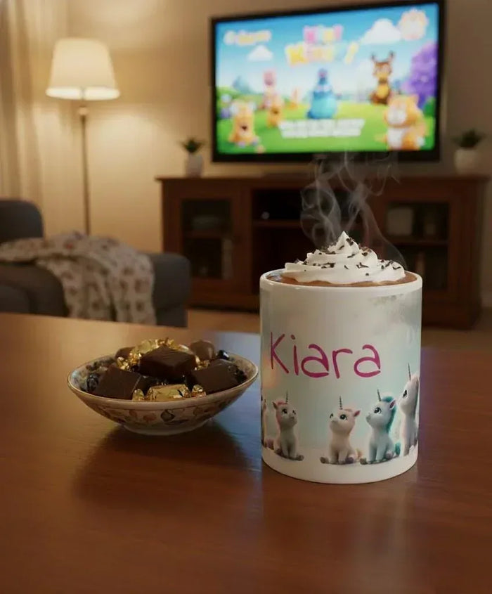 White ceramic mug with handle; Kiara name and unicorn kittens with steam