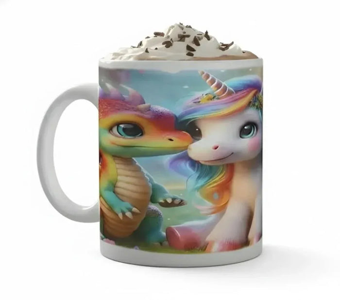 White ceramic coffee mug with colorful unicorn and dragon graphic, handle on left