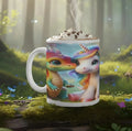 Ceramic coffee mug with unicorn dragon print, rainbow colors, “Lisa” text, white handle