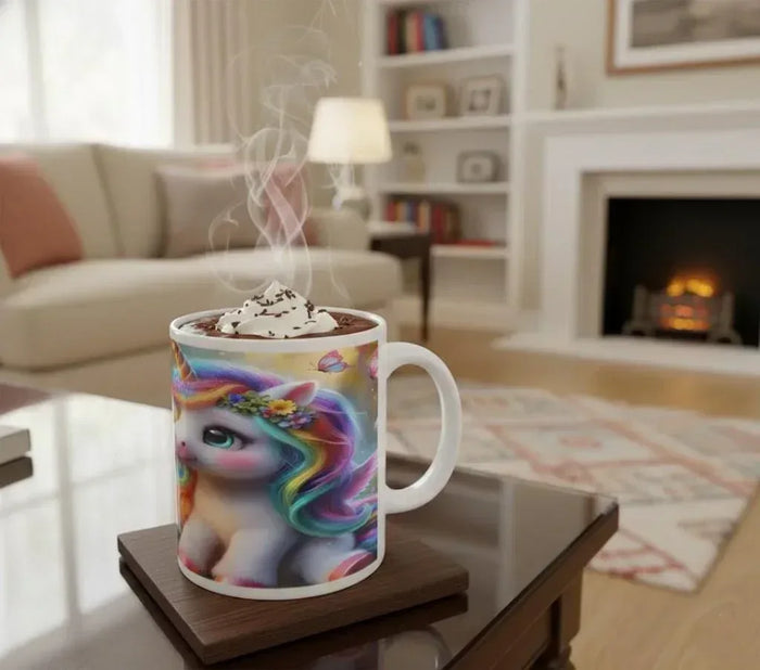 Ceramic coffee mug with unicorn dragon portrait print and “Lisa” text, white handle