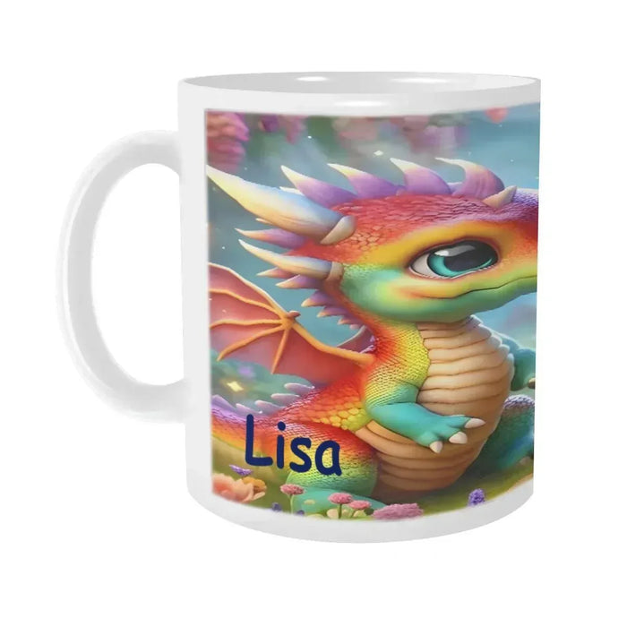 Ceramic mug with close-up unicorn dragon face print and “Lisa” text, white handle