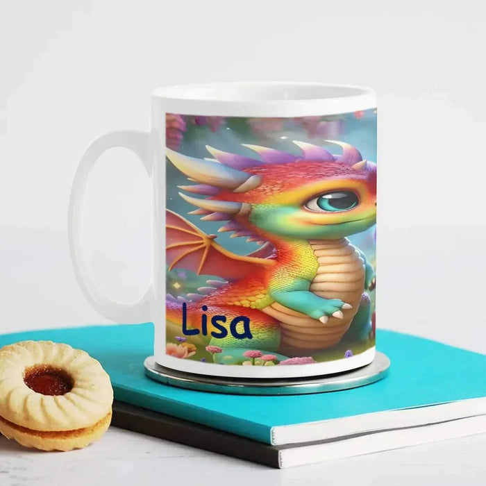 White ceramic mug with unicorn-dragon art and printed name “Lisa”, handle on left