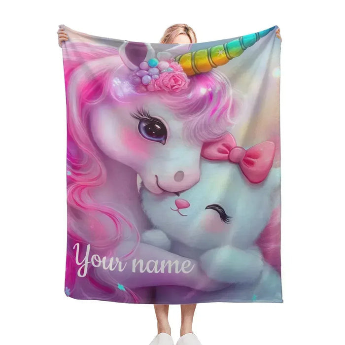 Personalized unicorn plush blanket with pastel face and 'Your name' text