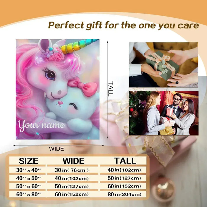 Unicorn plush blanket with 'Your name' print, shown with size chart graphic