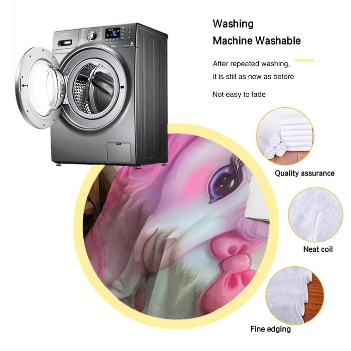 Unicorn plush blanket shown in washing instructions, soft flannel fleece surface