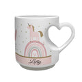Personalized unicorn mug with heart-shaped handle, rainbow motif and name Lily