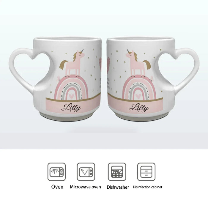 Set of 2 personalized unicorn mugs with heart-shaped handles and name Lily
