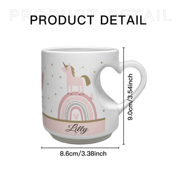 Personalized unicorn mug with heart-shaped handle, name Lily, about 8.6 cm wide