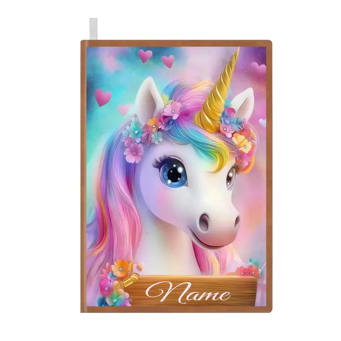 Unicorn notebook cover with blue, pink, and rainbow mane, heart details and flower crown.