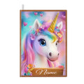 Unicorn notebook cover with blue, pink, and rainbow mane, heart details and flower crown.