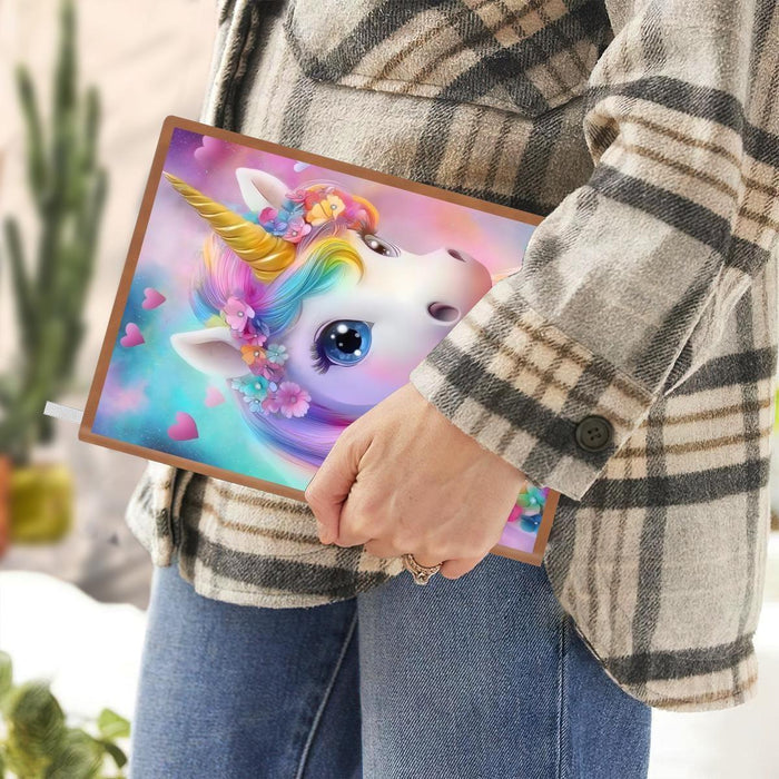 Unicorn A5 notebook held in a hand, rainbow horn and flower details on the cover.