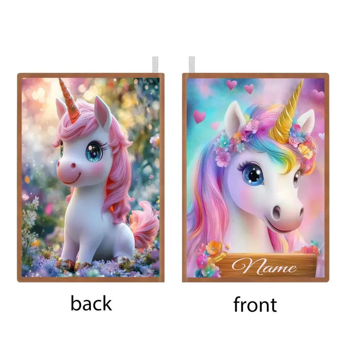 Unicorn notebook front and back covers shown side by side with hearts and sparkly background.