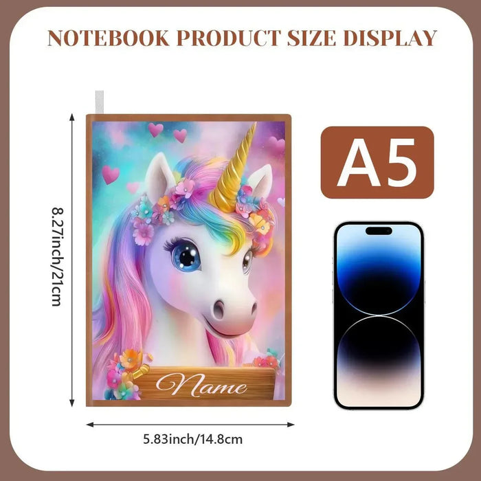 A5 notebook product size graphic with unicorn cover and measurement layout.