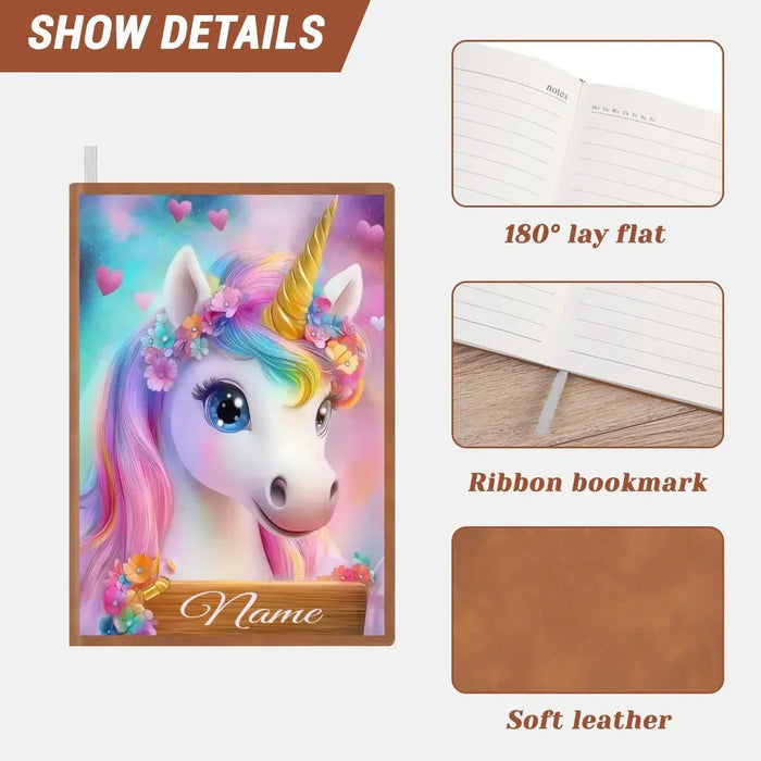 Unicorn A5 notebook with lay-flat pages, ribbon bookmark, and soft leather-style cover.