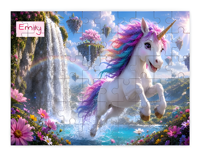Unicorn jigsaw puzzle board with white unicorn, pink-blue mane, waterfall and flowers