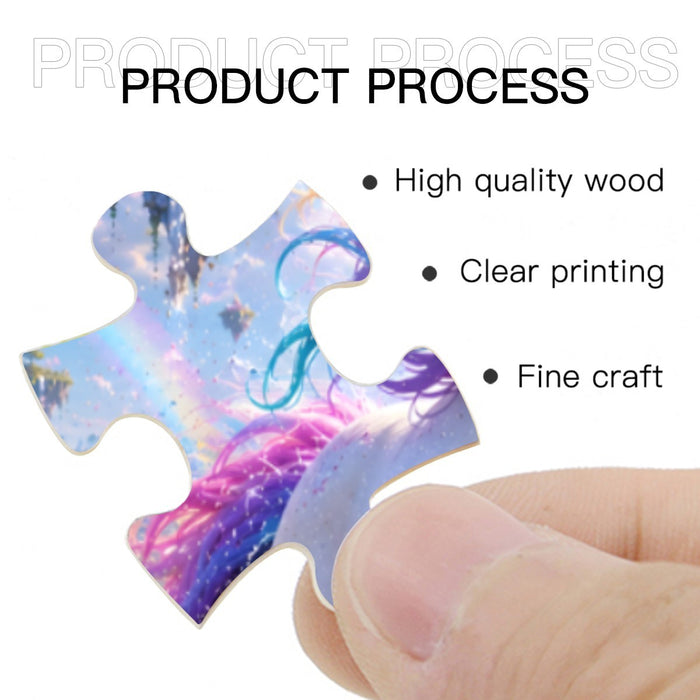 Unicorn jigsaw puzzle piece held by fingertip, pastel sky and flowers artwork
