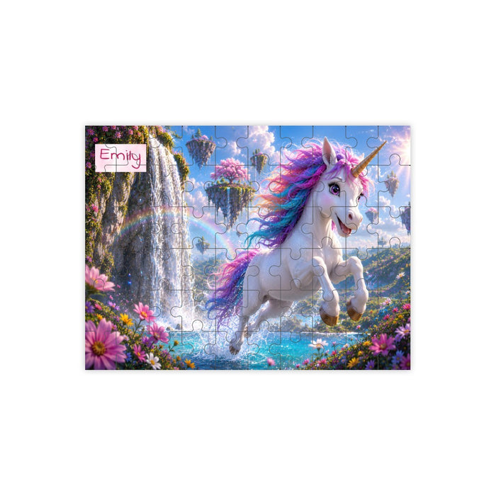 Framed unicorn jigsaw puzzle with white horse, pink mane, and magical waterfall scene