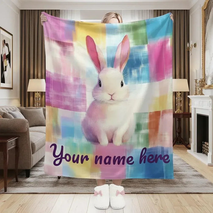 Personalized bunny blanket with rainbow patchwork and “Your name here” text