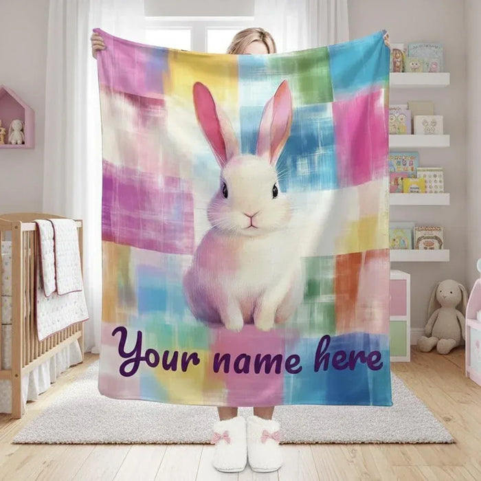 Rainbow patchwork bunny blanket with “Your name here” personalization and soft fur