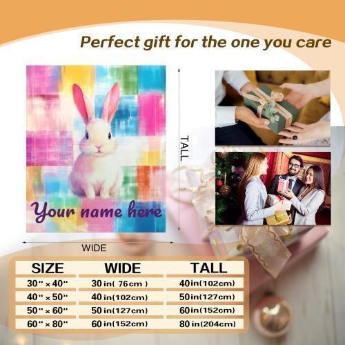 Rainbow patchwork bunny blanket with “Your name here” custom text and size layout
