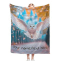 Personalized owl fleece throw blanket with large winged owl graphic and custom text