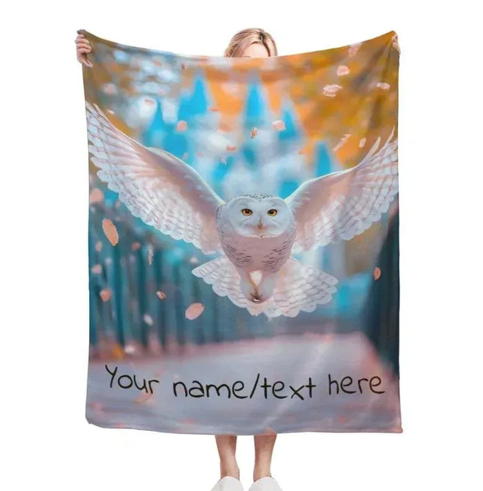 Personalized owl fleece throw blanket with large winged owl graphic and custom text