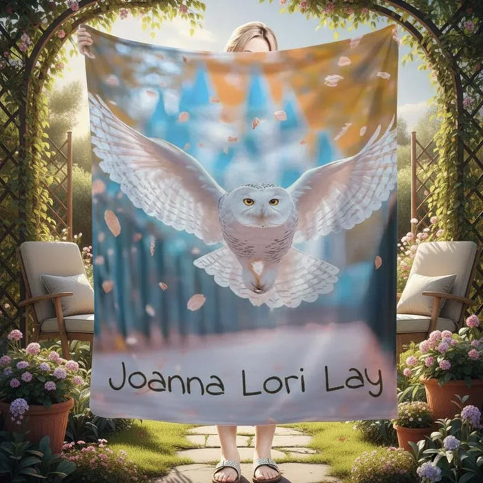 Personalized fleece throw blanket with owl wings and name text, blue gradient scene