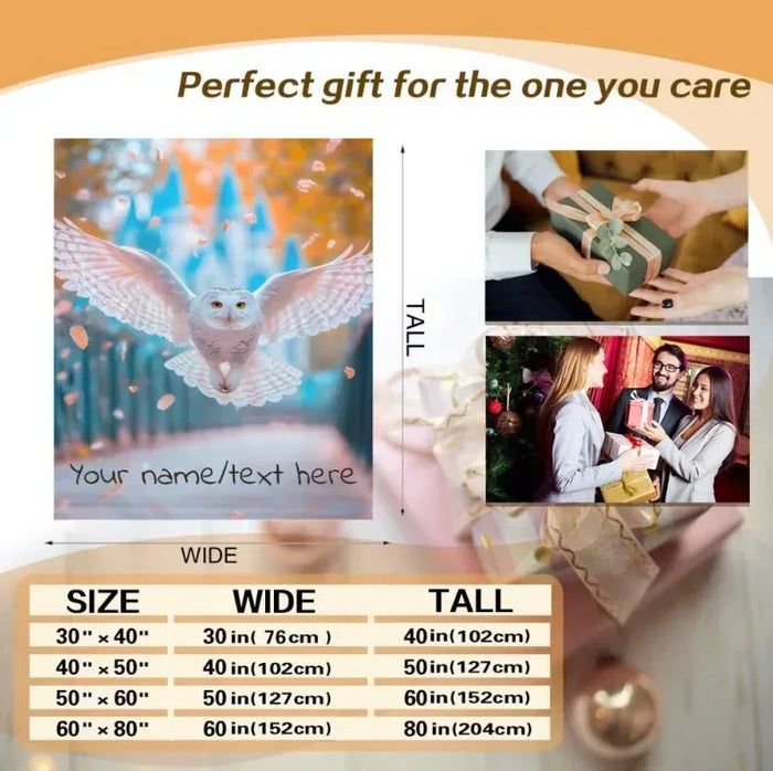 Personalized owl fleece throw blanket with custom name/text and size options panel
