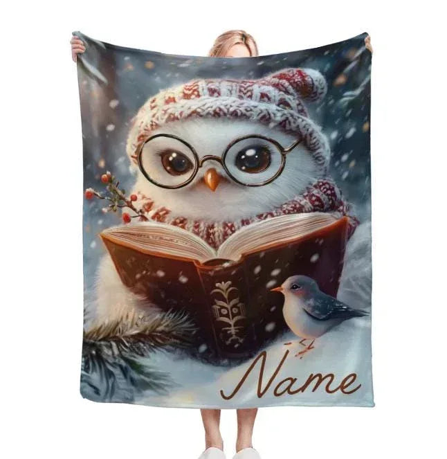 Flannel owl throw blanket, glasses and open book with bird, “Name” script at bottom