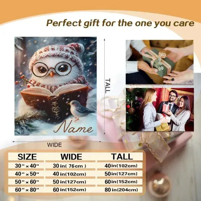 Square flannel throw panel: owl with glasses reading a book, “Name” script