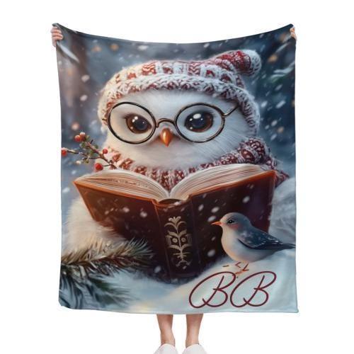 Flannel owl throw blanket held up, glasses owl reading book and “BB” at bottom