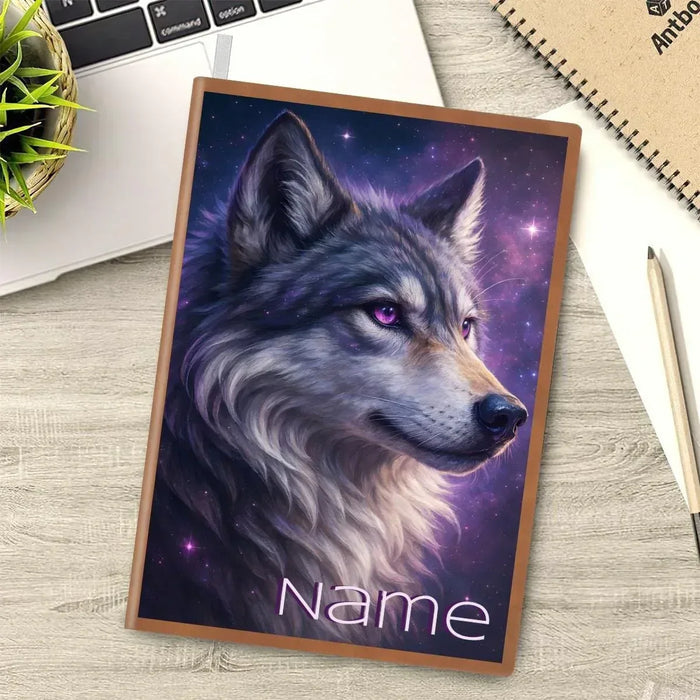 A5 wolf galaxy notebook cover with purple eyes and custom “Name” text at bottom