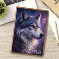 A5 wolf galaxy notebook cover with purple eyes and custom “Name” text at bottom